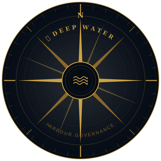A compass designed for ocean navigation, with labels 'Deep Water' and 'Harbour Governance,' featuring a central water wave symbol.