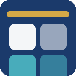 Icon with four square buttons in a grid, four different shades of blue, with a gold horizontal bar above.