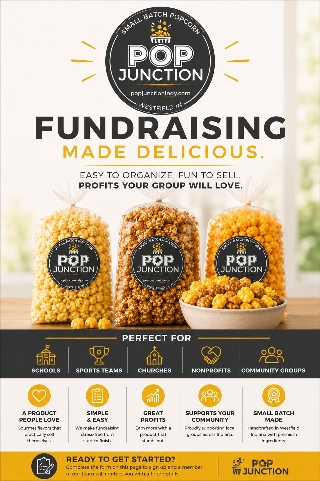 Poster advertising Pop Junction's fundraising popcorn, featuring three bags of caramel popcorn and various icons representing schools, sports teams, churches, nonprofits, and community groups, with text about the product's appeal and benefits.