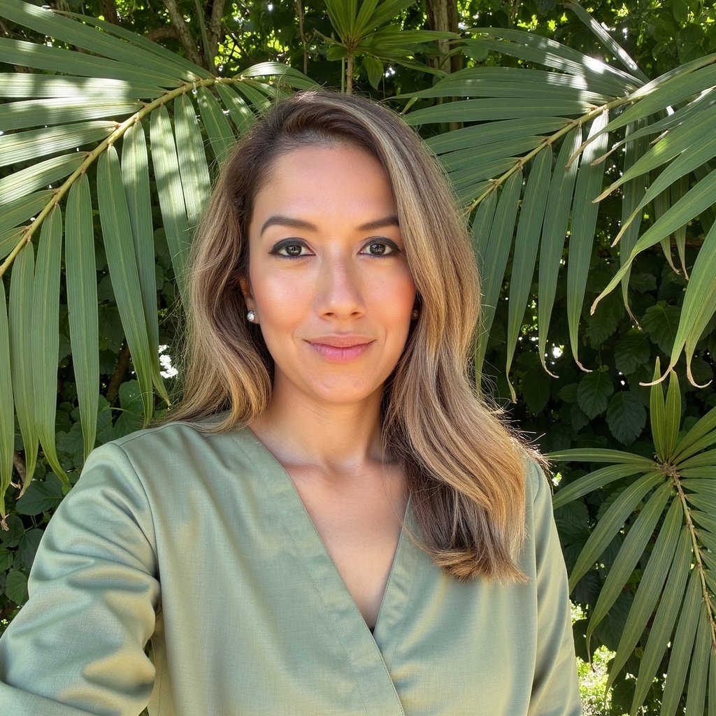A woman with light brown hair and medium skin tone taking a selfie outdoors in front of large green tropical leaves, wearing a light green blouse and pearl earrings.