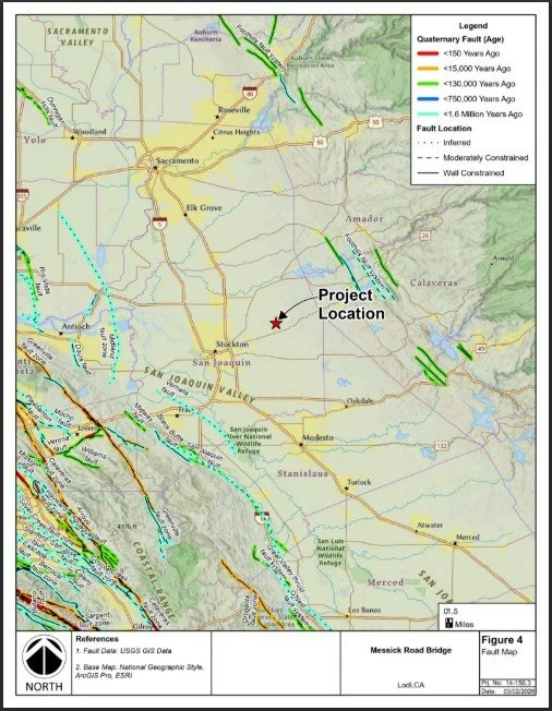 Map of fault lines and seismic activity in the Lodi, California area, showing a project location marked with a red star. Fault lines are color-coded by age, with legend indicating recent activity and constraints. The map includes nearby cities, roads, and geographic features.