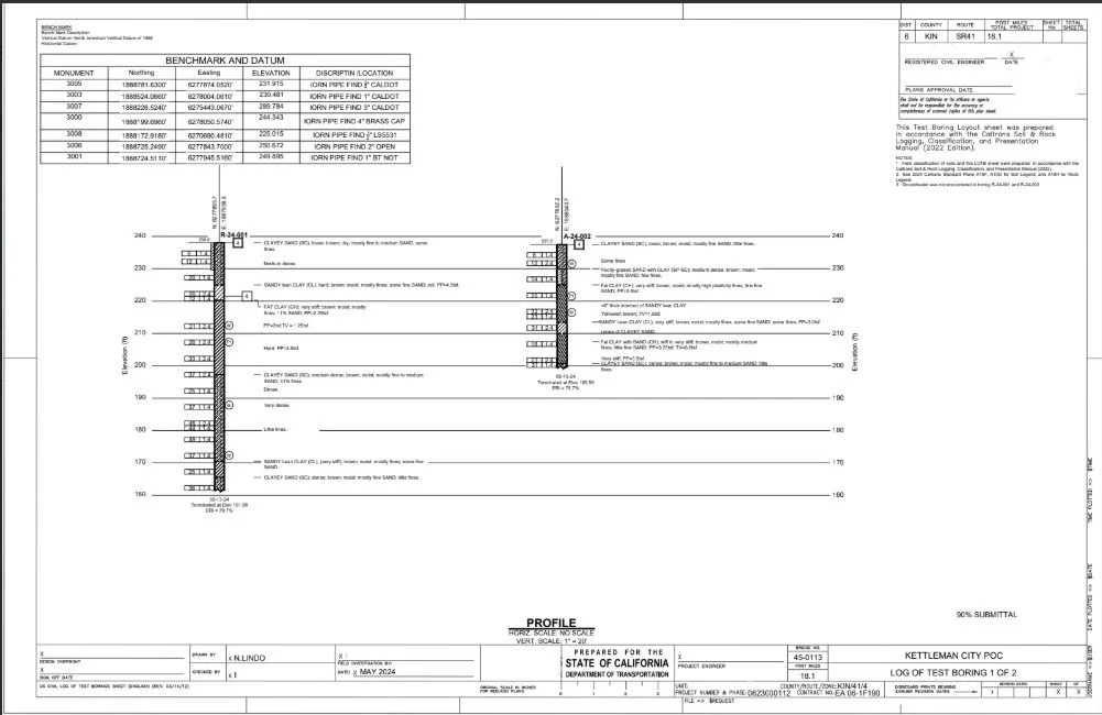 Technical drawing of a test boring log showing layers of soil and rock, with different elevations and descriptions of sample locations.