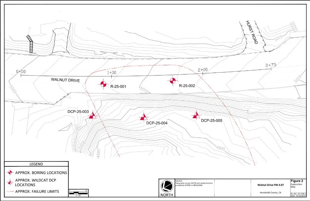 A topographic map showing approximate boring locations marked with circles and wildcat drilling locations marked with triangles along Walnut Drive and nearby roads, with contour lines indicating elevation.