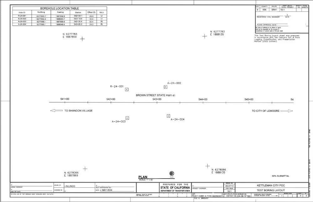 Test boring layout plan for Kettlerman City POC, showing borehole locations and measurements along Brown Street in California.