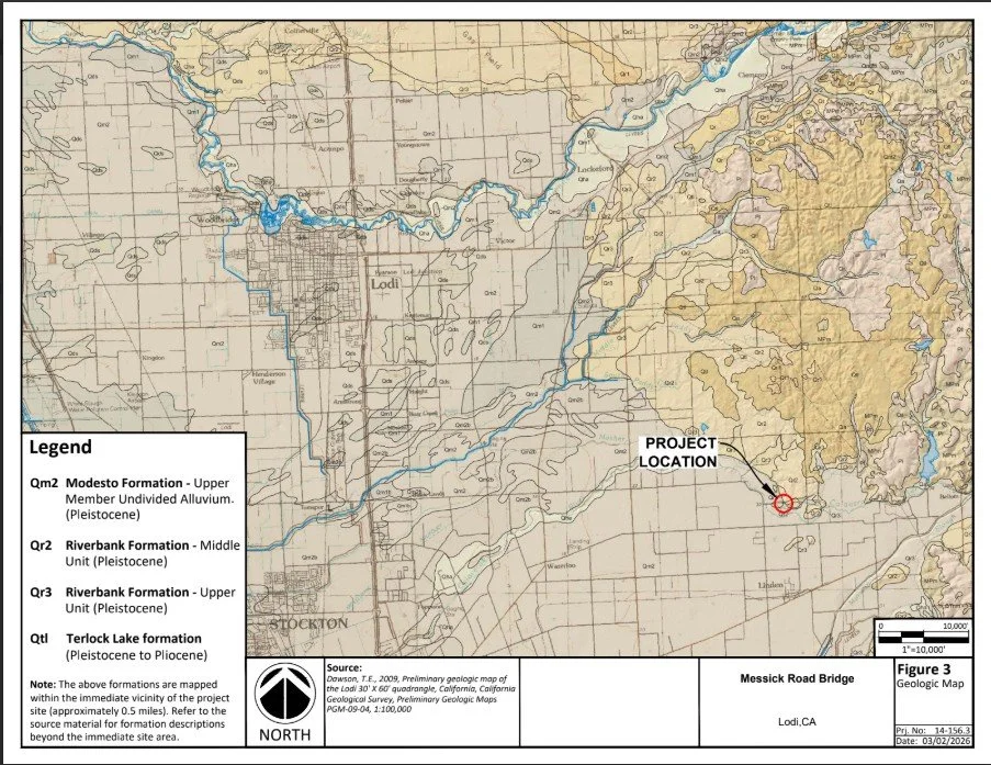 Geologic map showing the Messick Road Bridge project location near Lodi, California, with formations from the Pleistocene era including Modesto, Riverbank, and Terlock Lake formations.