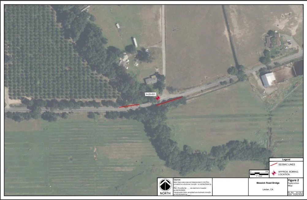 Aerial map showing seismic lines, approximate boring location, and Messick Road Bridge in Linden, California.