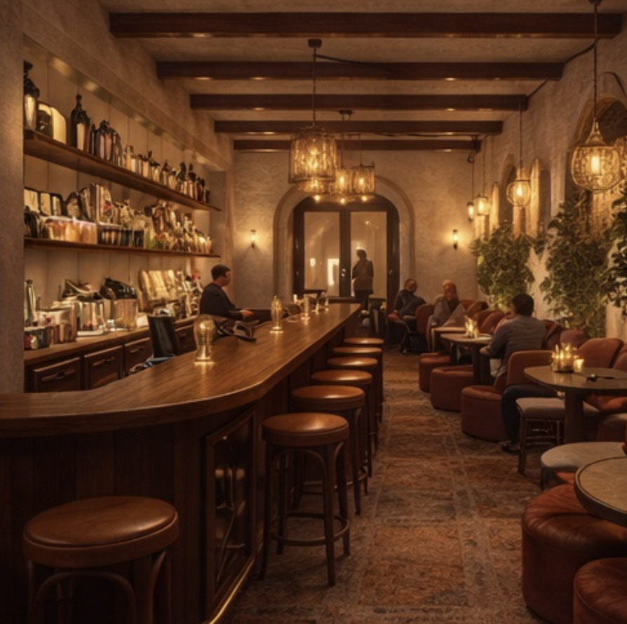 An elegant bar and lounge with dim lighting, wooden beams on the ceiling, a long wooden bar counter with stools, and cozy seating areas with armchairs and small tables. There are decorative pendant lights, potted plants, and several patrons sitting and enjoying drinks.