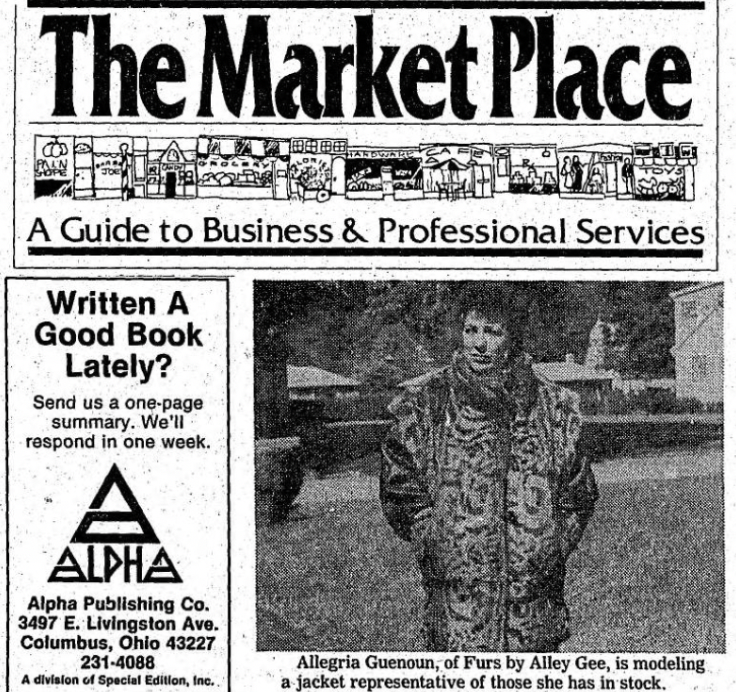 Black and white newspaper titled "The Market Place: A Guide to Business & Professional Services" with a photo of Allegra Guenoun modeling a jacket in an outdoor setting.