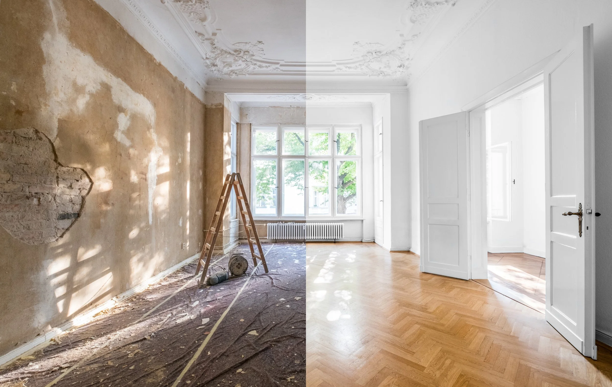 Before and after photos of a room renovation, showing one side with worn wall, peeling paint, and renovation tools, and the other side with freshly painted white walls and new hardwood flooring.