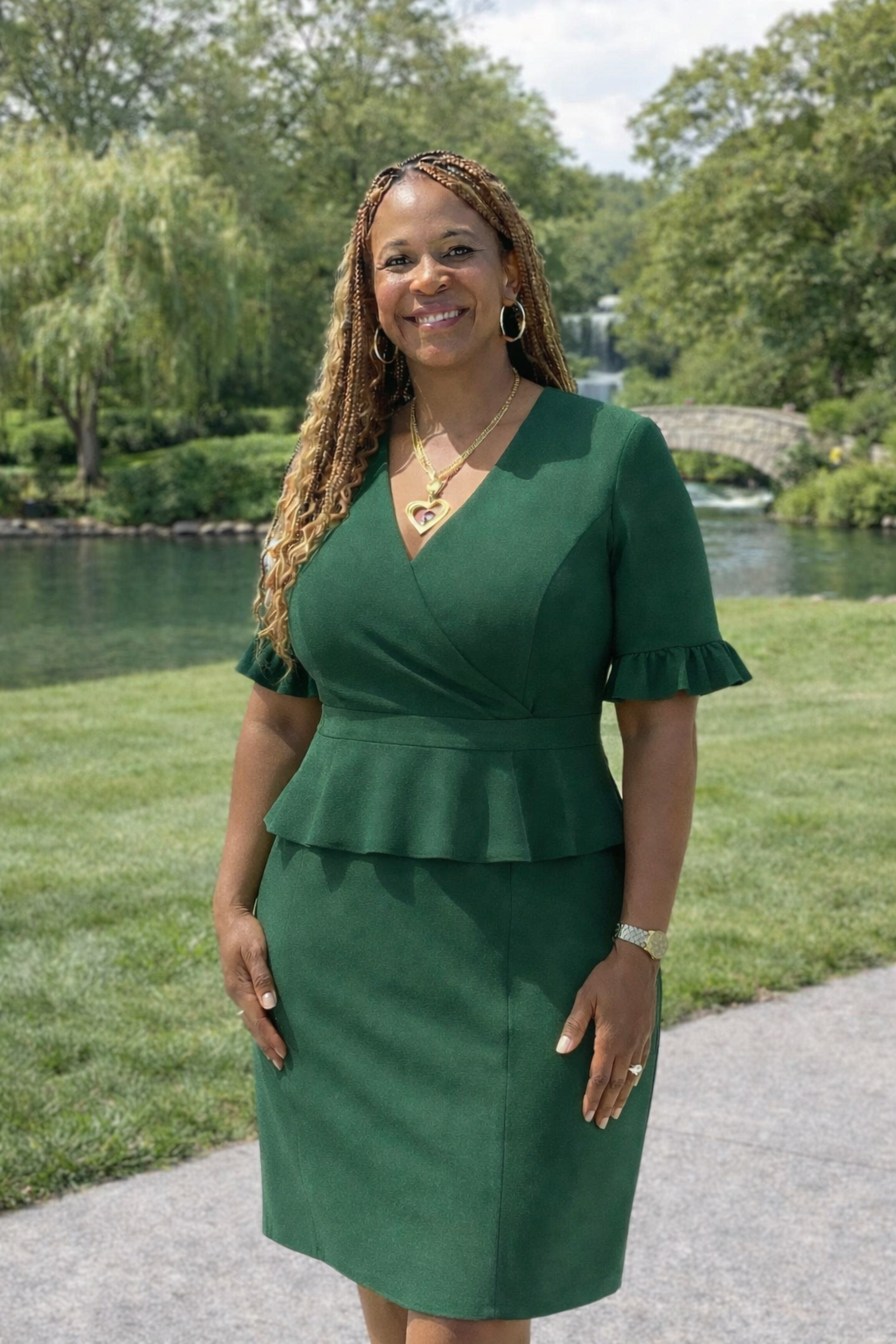 A woman in a dark green dress with ruffled sleeves posing outdoors near a river, with trees, a stone bridge, and a waterfall in the background.