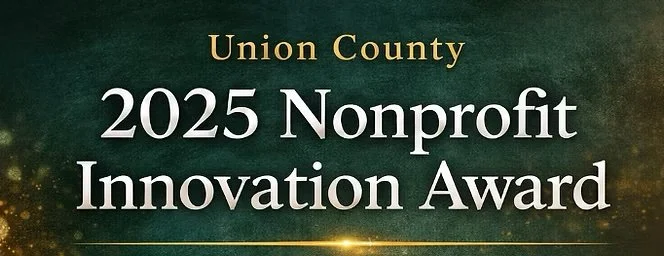 Poster for the 2025 Nonprofit Innovation Award in Union County with gold and white text on a dark green background.