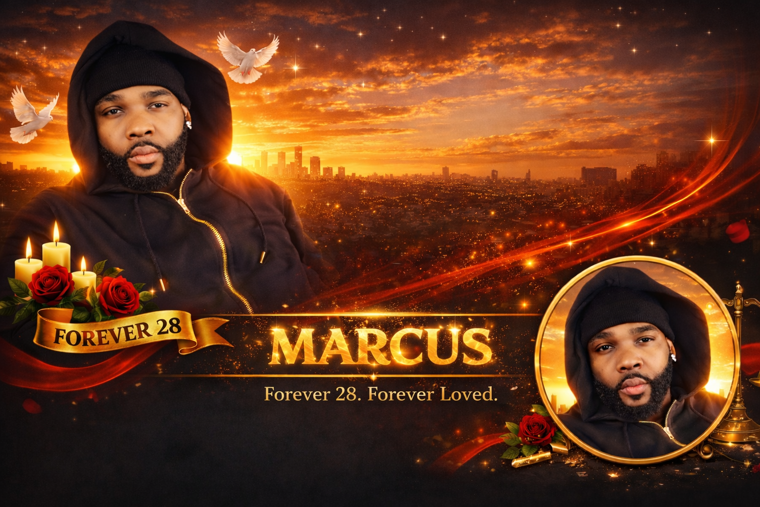 Memorial tribute for Marcus, with a sunset cityscape, a large portrait of Marcus, a smaller circular portrait of him, roses and candles, and the text 'Forever 28. Forever Loved' with decorative elements.