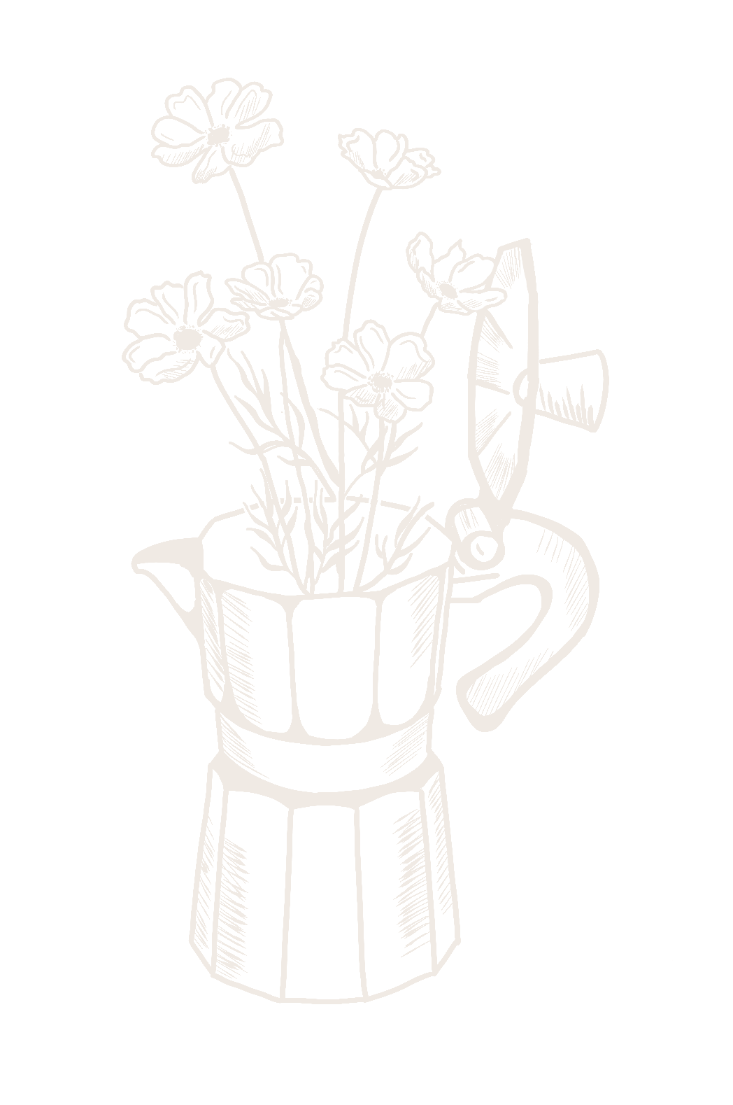 White line-style drawing of a moka coffee pot filled with poppy flowers, on a black background.