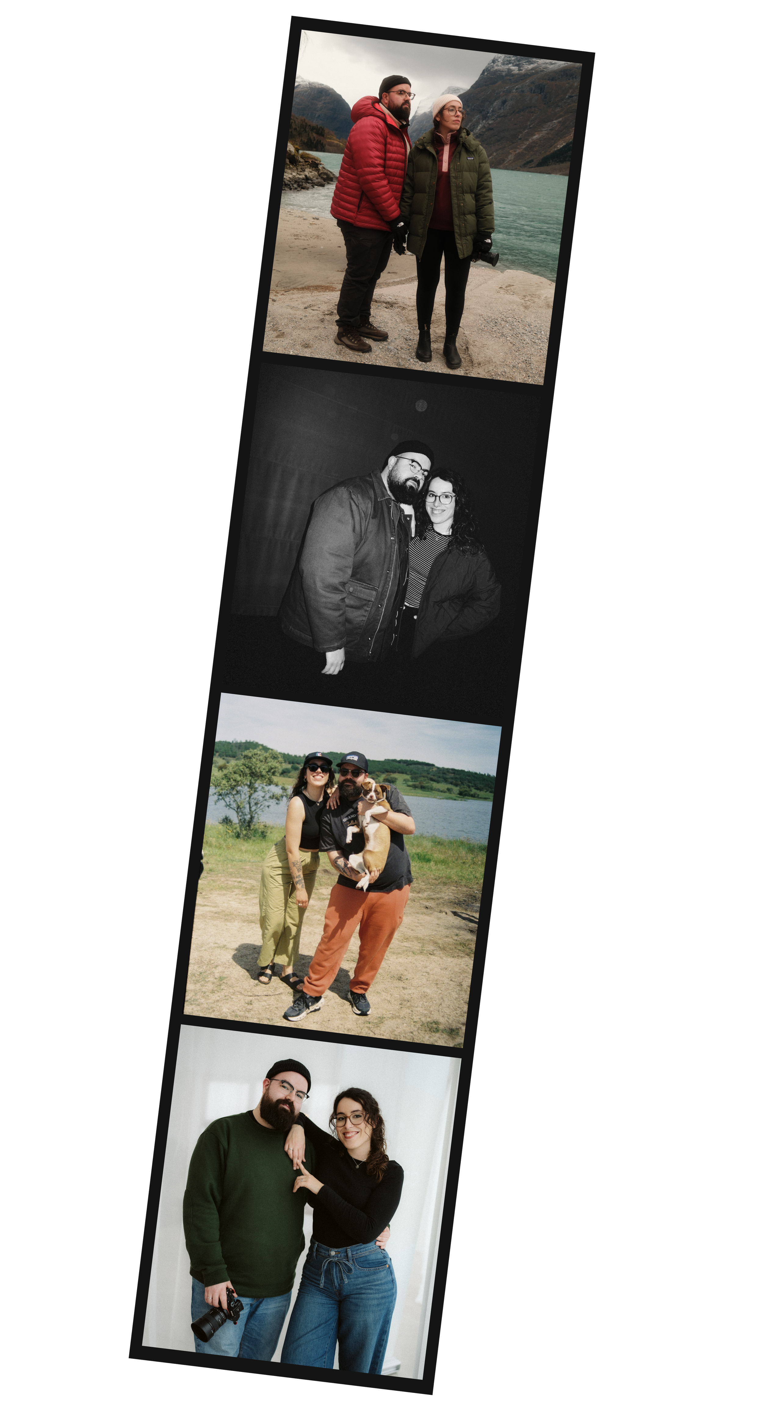 Collage of photos of different people on various occasions, including outdoor landscapes, a black-and-white portrait, and a couple posing with a dog, all in diverse settings.