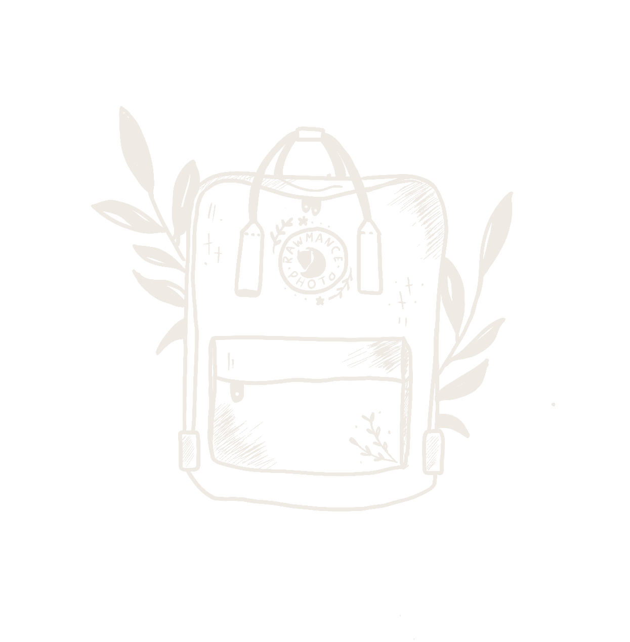 Drawing of a backpack with floral details and a sticker reading "RAWMANCE PHOTO" on the front, surrounded by leaves.