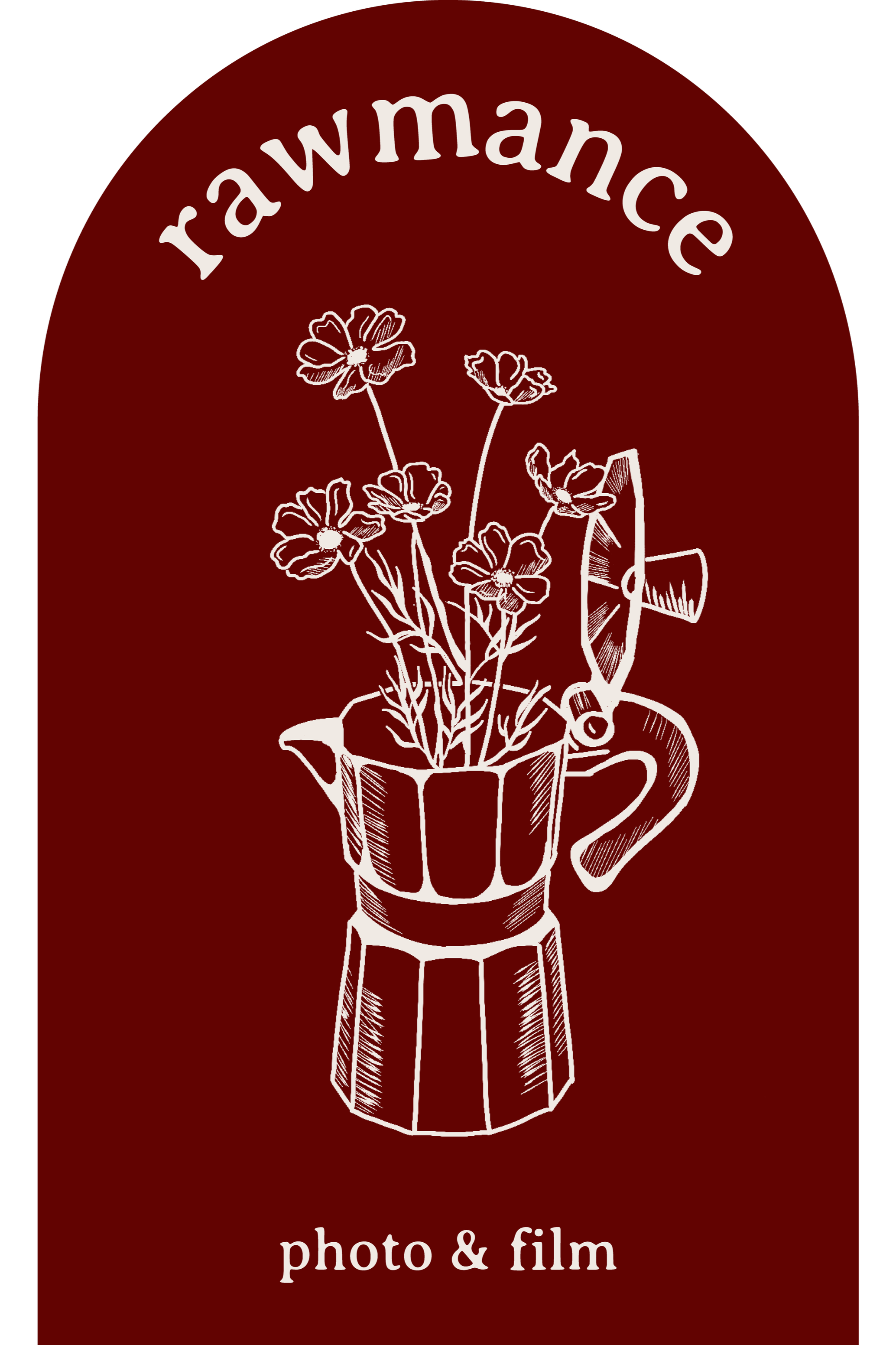 Logo with a dark red background, white illustration of a moka coffee pot filled with poppy flowers, with the text "rawmance" at the top and "photo & film" at the bottom.