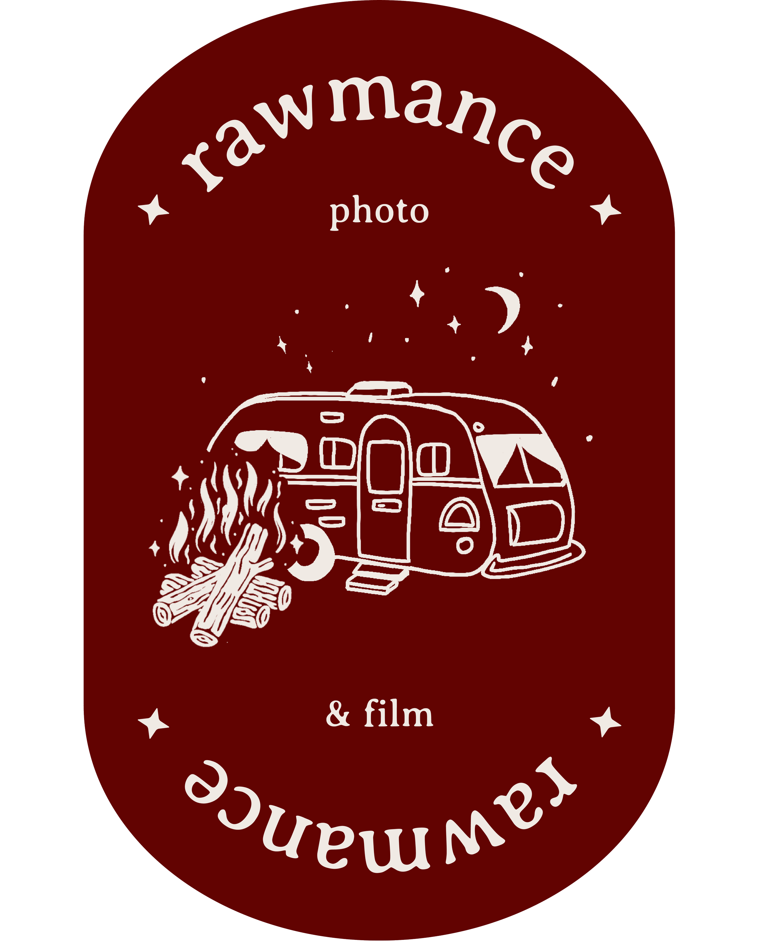 Logo design with a dark red background, white illustration of a camping trailer, a log fire beside it, stars and the moon in the sky. Circular text around it: "rawmance" and "& film," with the word "photo" in the center.