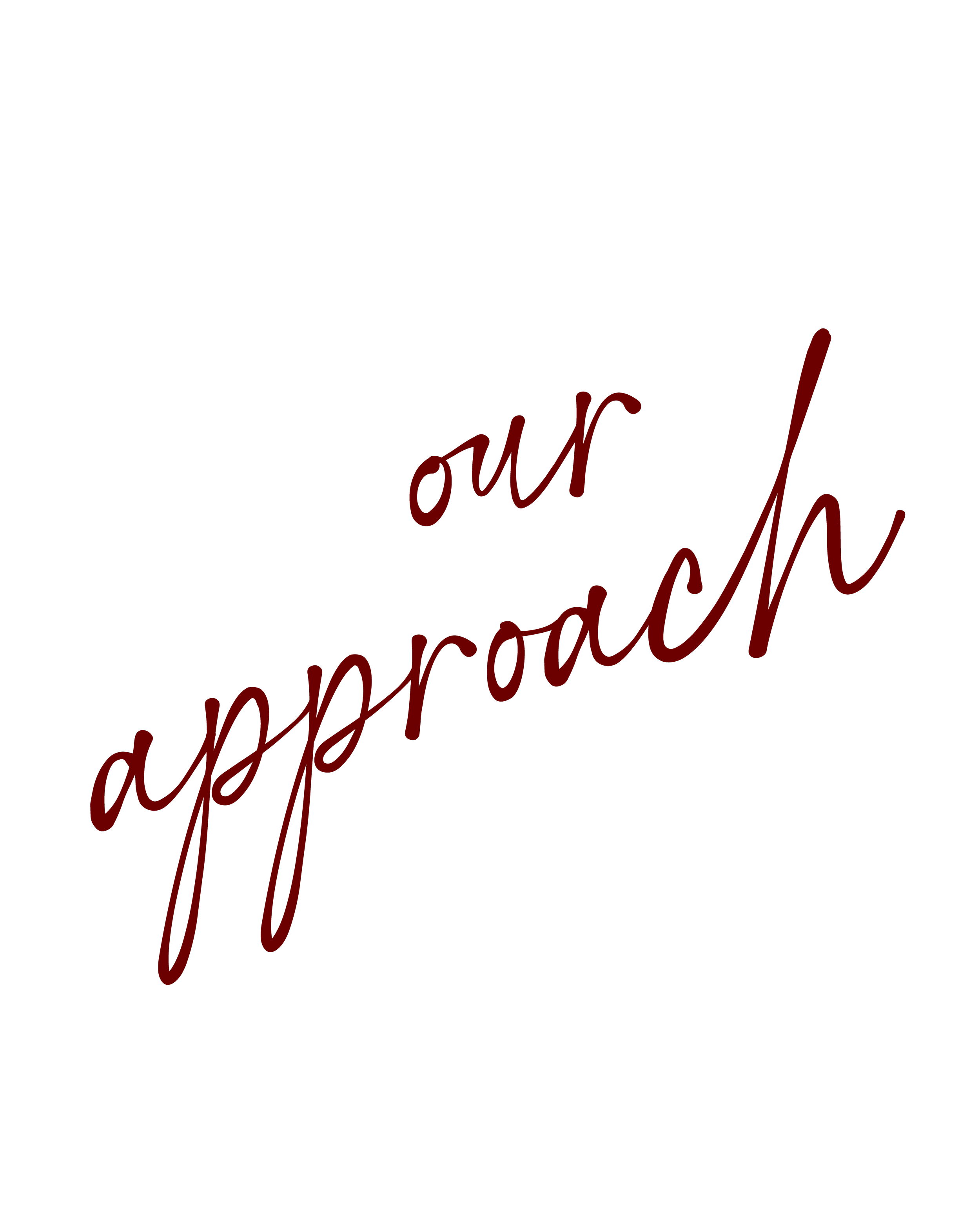 Text on a black background reading "our approach" in red cursive letters.