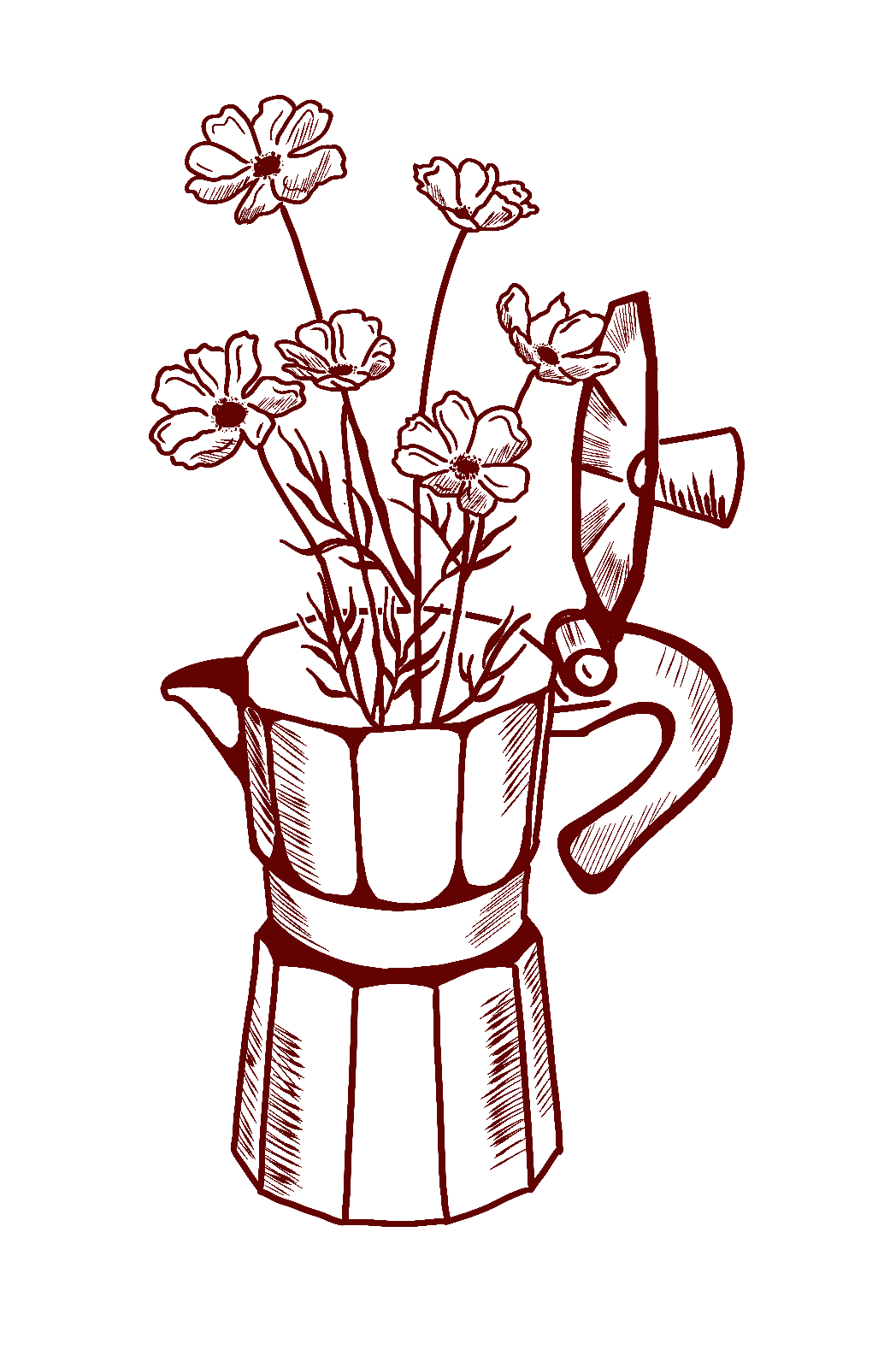 Minimalist-style drawing of a moka pot with delicate poppy flowers inside, all in red lines on a transparent background.