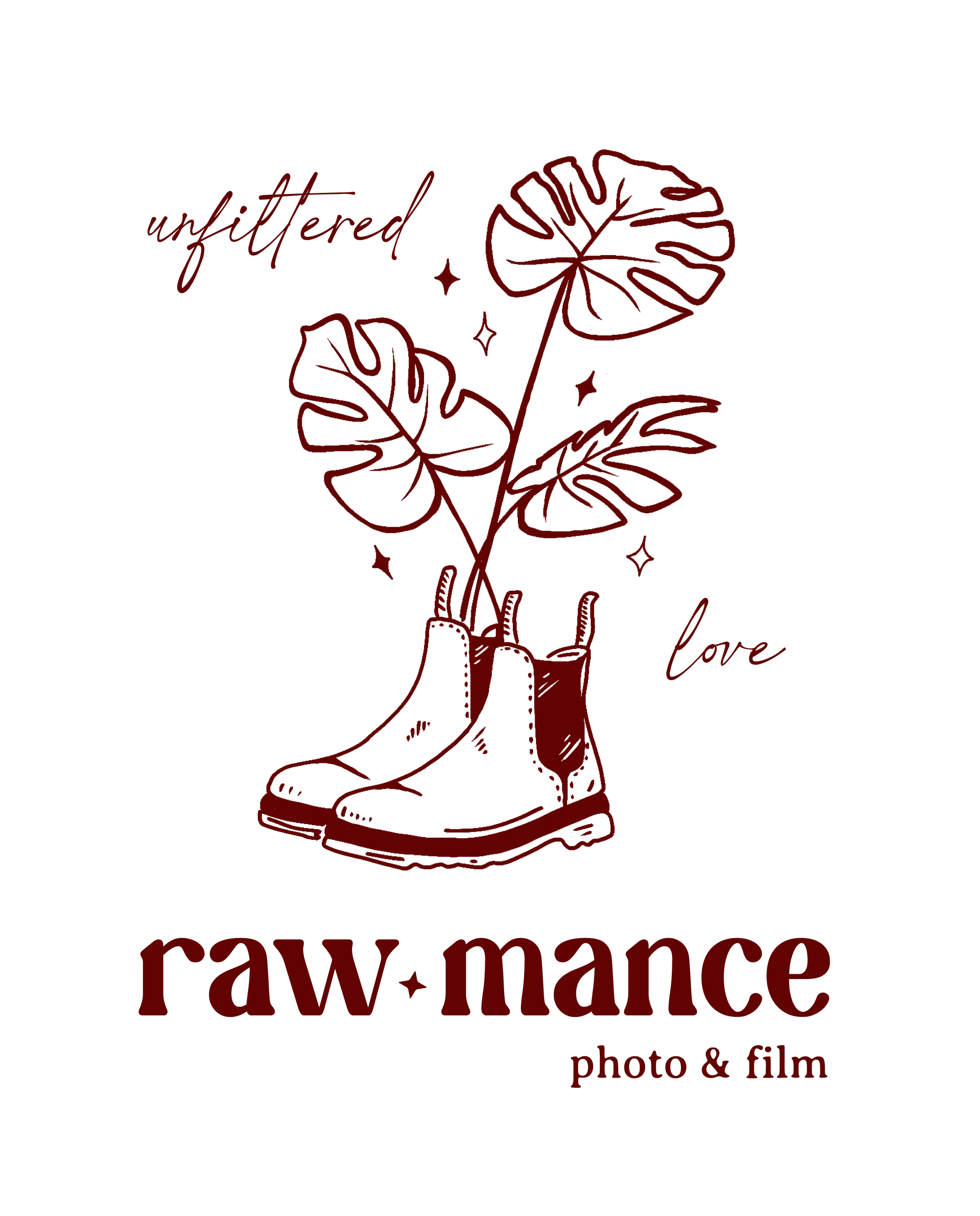 Image featuring a drawing of leather boots, monstera plants, and words such as "unfiltered," "love," "rawmance," and "photo & film."