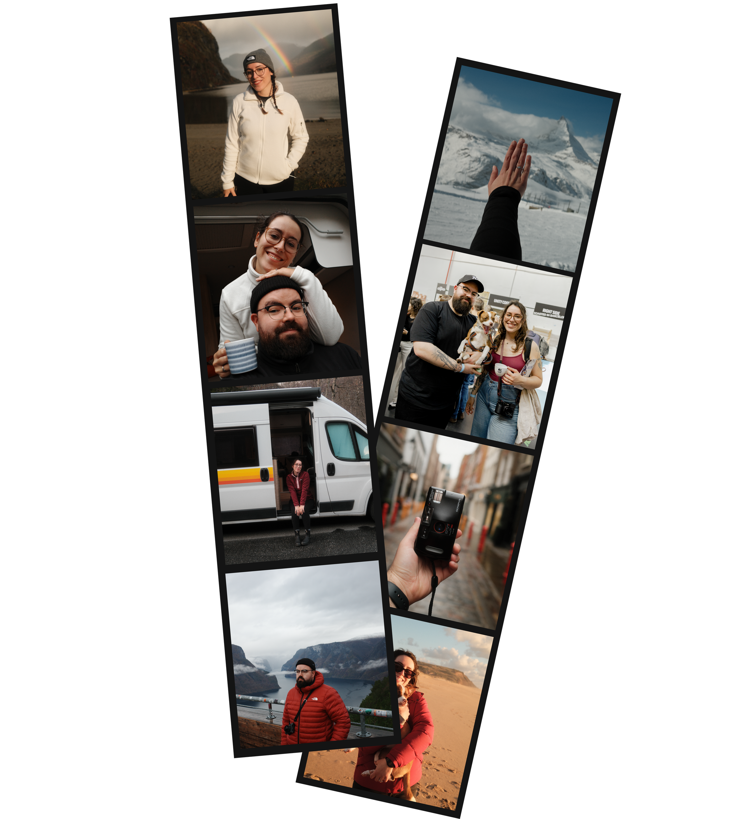 A collage of multiple photos of people on various trips and outdoor moments, including mountainous landscapes, people holding a camera, a person next to a van, a woman on the beach, and a couple with a dog.
