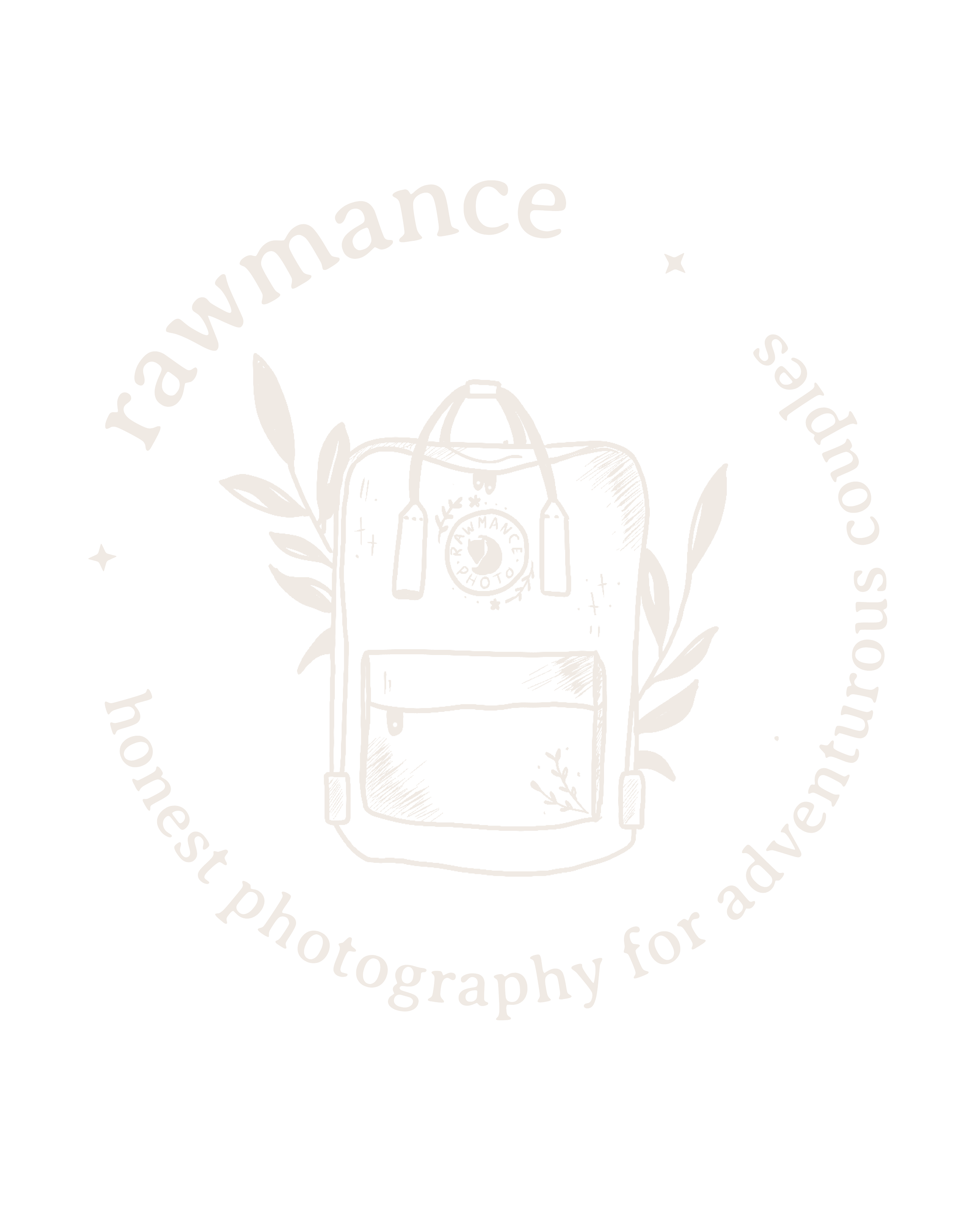 Logo featuring a drawing of a backpack and branches, with the text "rawmance" and the phrase "honest photography for adventurous couples" around it.