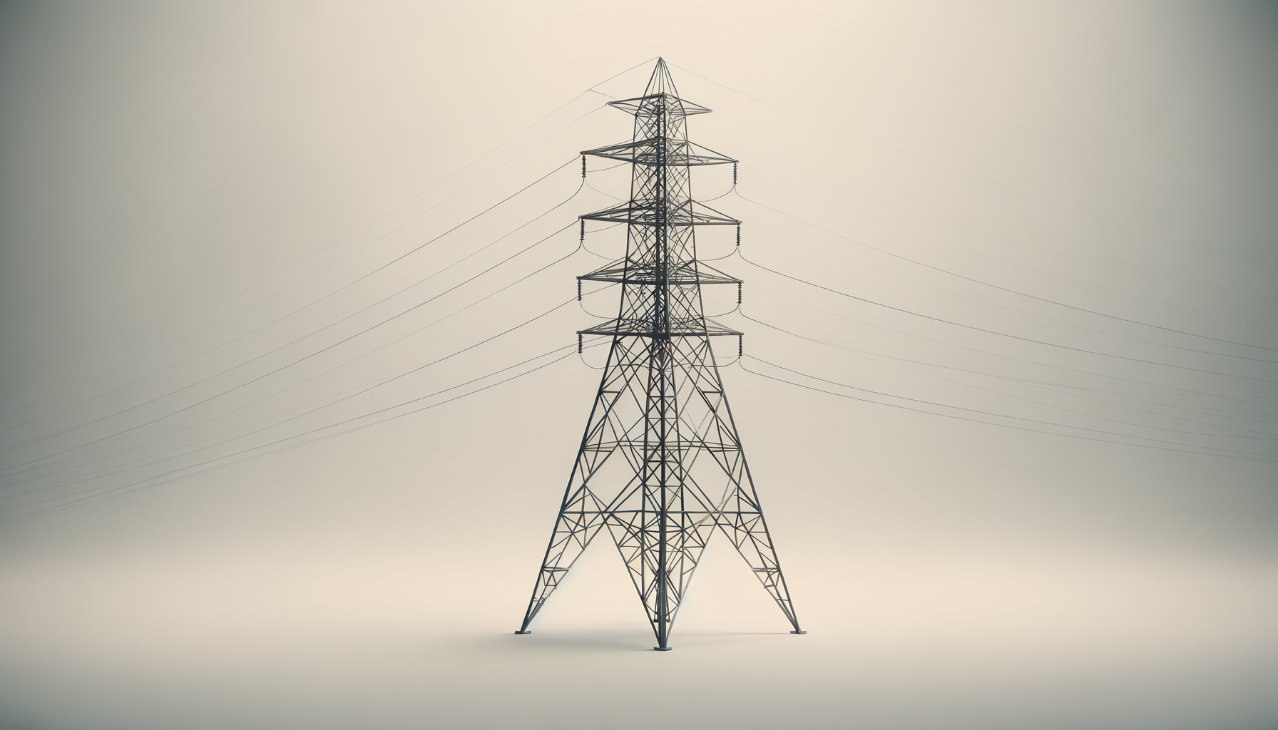 A metal electrical transmission tower with several power lines extending from it on a plain background.