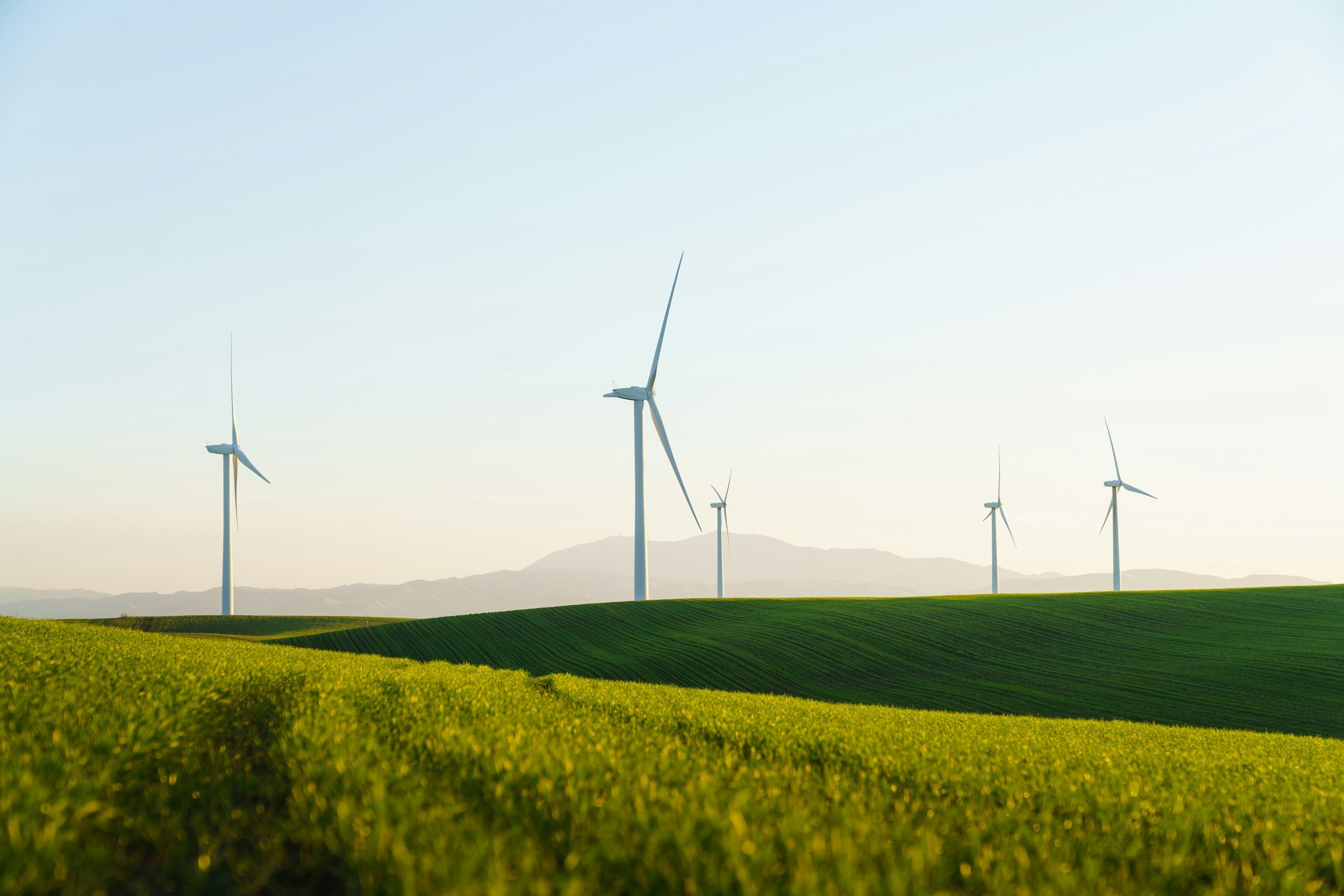 A landscape with green rolling fields and multiple wind turbines against a clear sky.