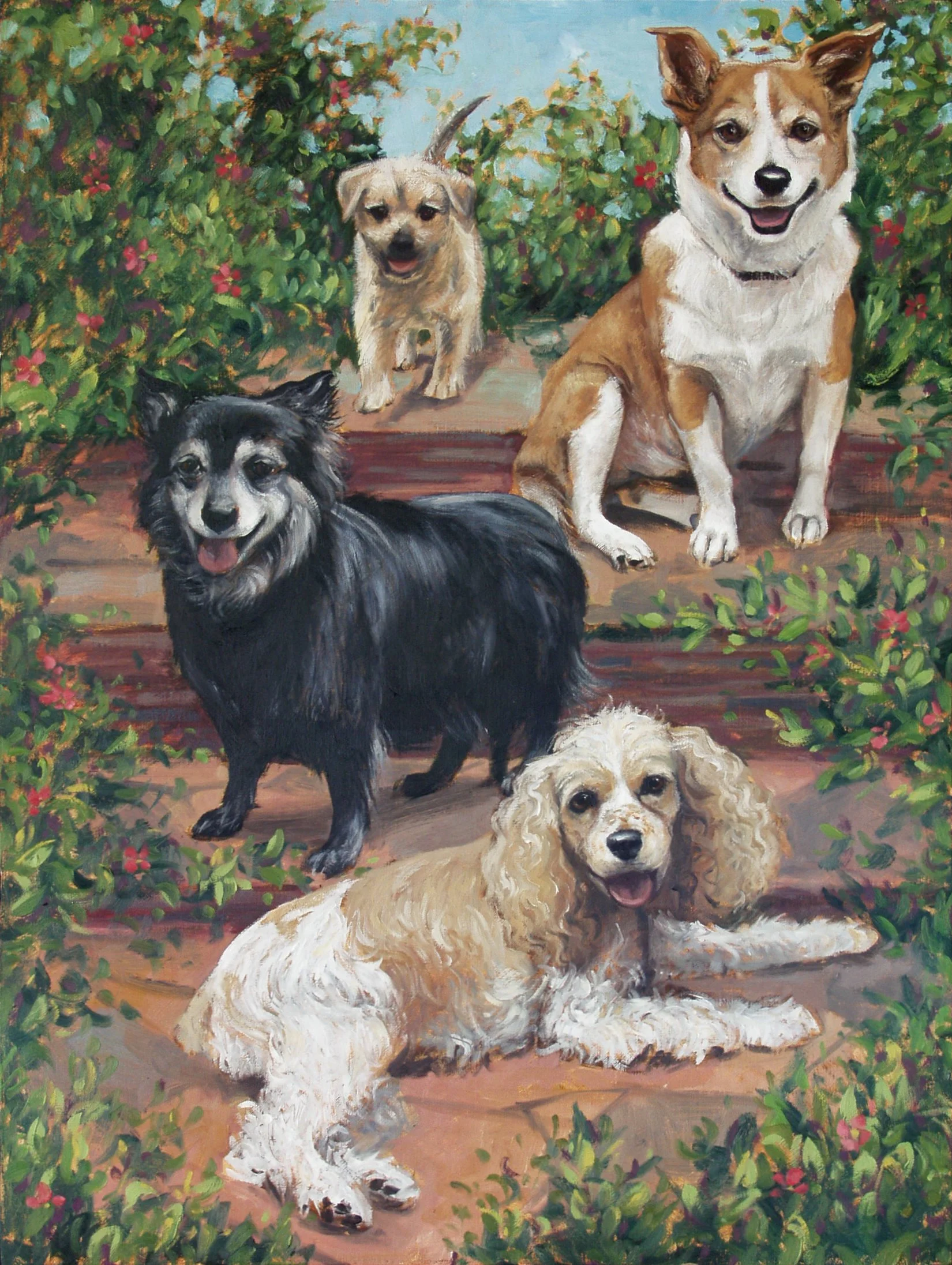 Laine, Opie, Midge & Dixie, 31"x24", oil on hollow core, pg. 75 of Dog Book