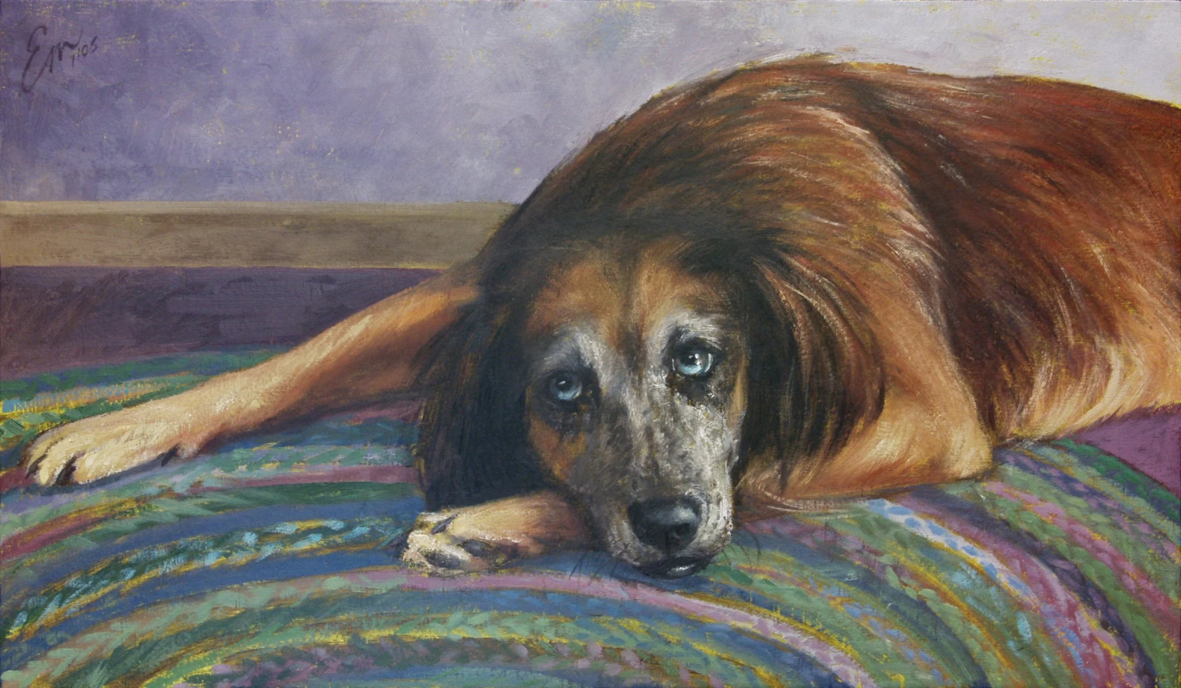 Milly at Home, 14"x24"x2", oil on board, pg. 21 of Dog Book