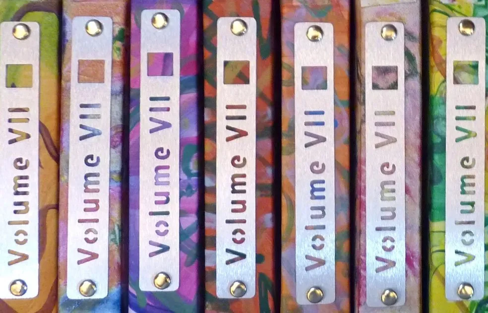 A row of seven vibrantly patterned notebooks with metallic nameplates labeled 'Valumc VL' attached to each cover.