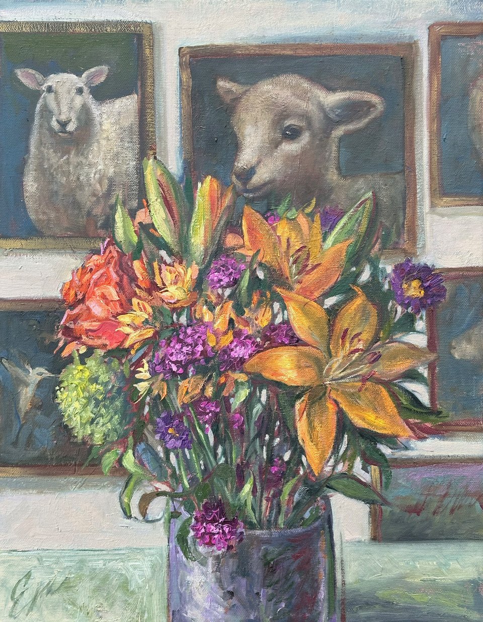 Emily Eve Weinstein, Bouquet in Gallery, 2025. Oil on canvas, 20 x 16 x 1 inches.