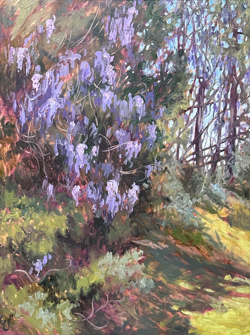 Emily Eve Weinstein,  Wisteria Trail , 2025. Oil on canvas, 20 x 16 x 1 inches.