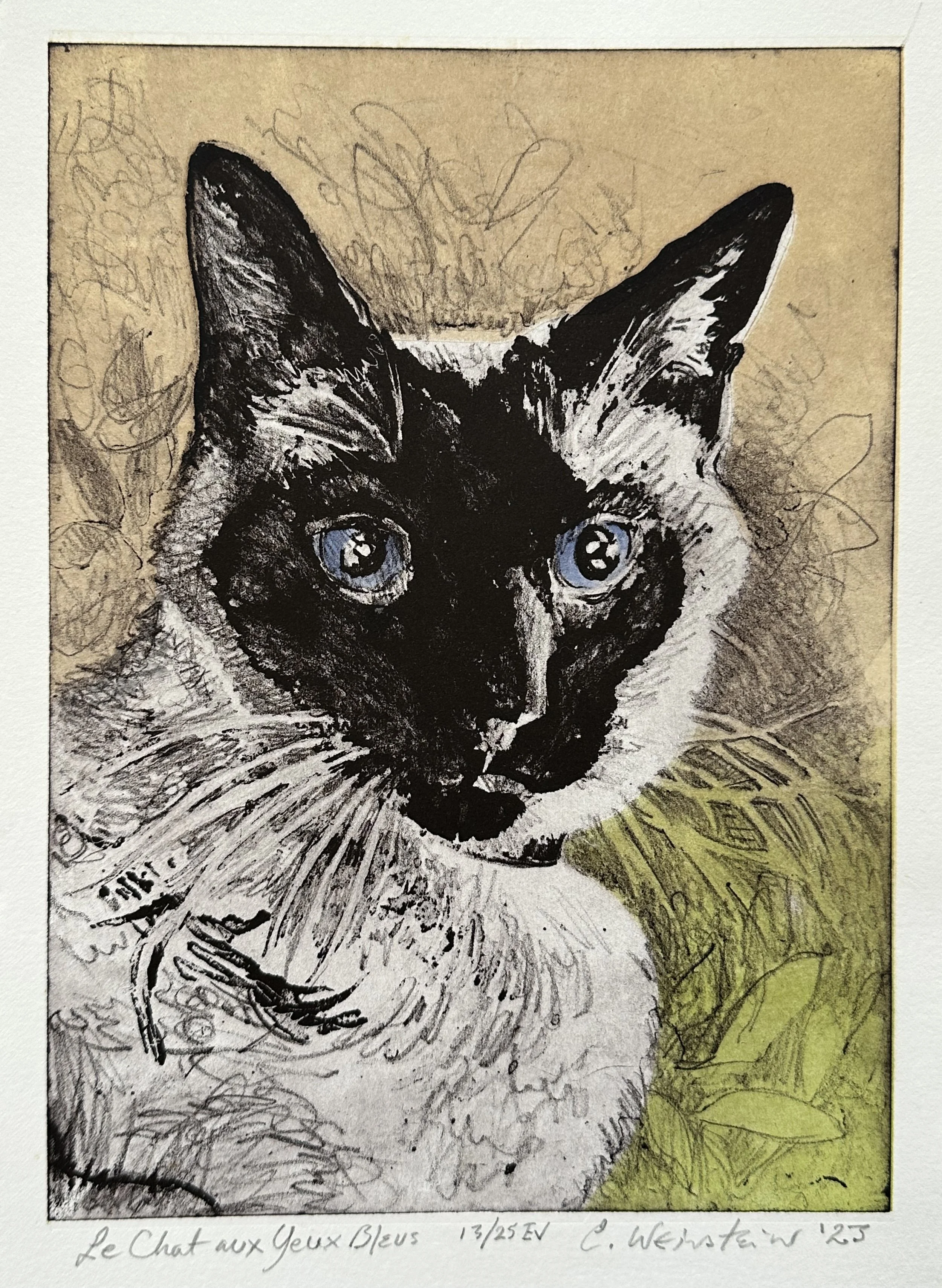 Emily Eve Weinstein,  Le Chat aux Yeux Bleu , 2023. Waterless lithography, 11 x 8 x 1 inches.