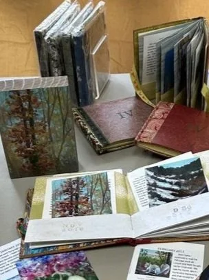 A collection of open and closed books and photo albums with nature images, on a white table.