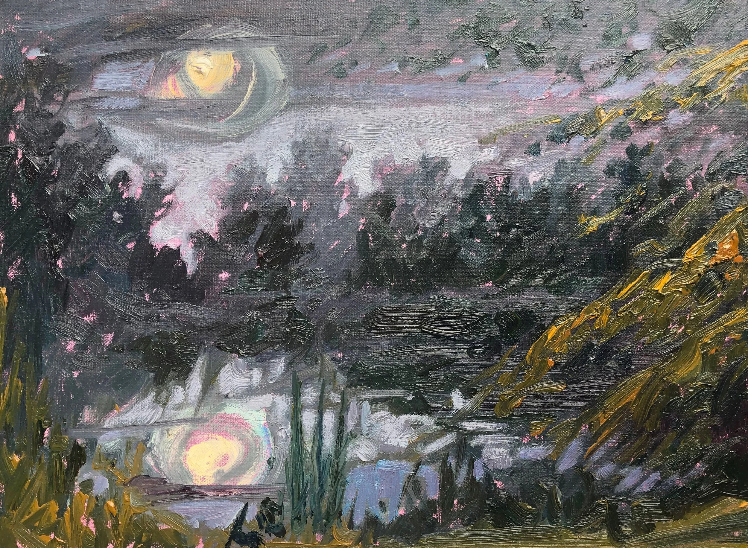 Emily Eve Weinstein, Fearrington Pond, 2024. Oil on board, 10 x 12.5 x 1 inches. 