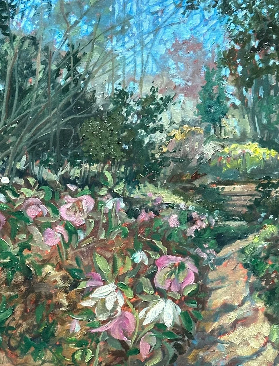 A landscape painting of a garden path lined with pink and white flowers, surrounded by green bushes and trees under a blue sky with hints of pink and yellow.