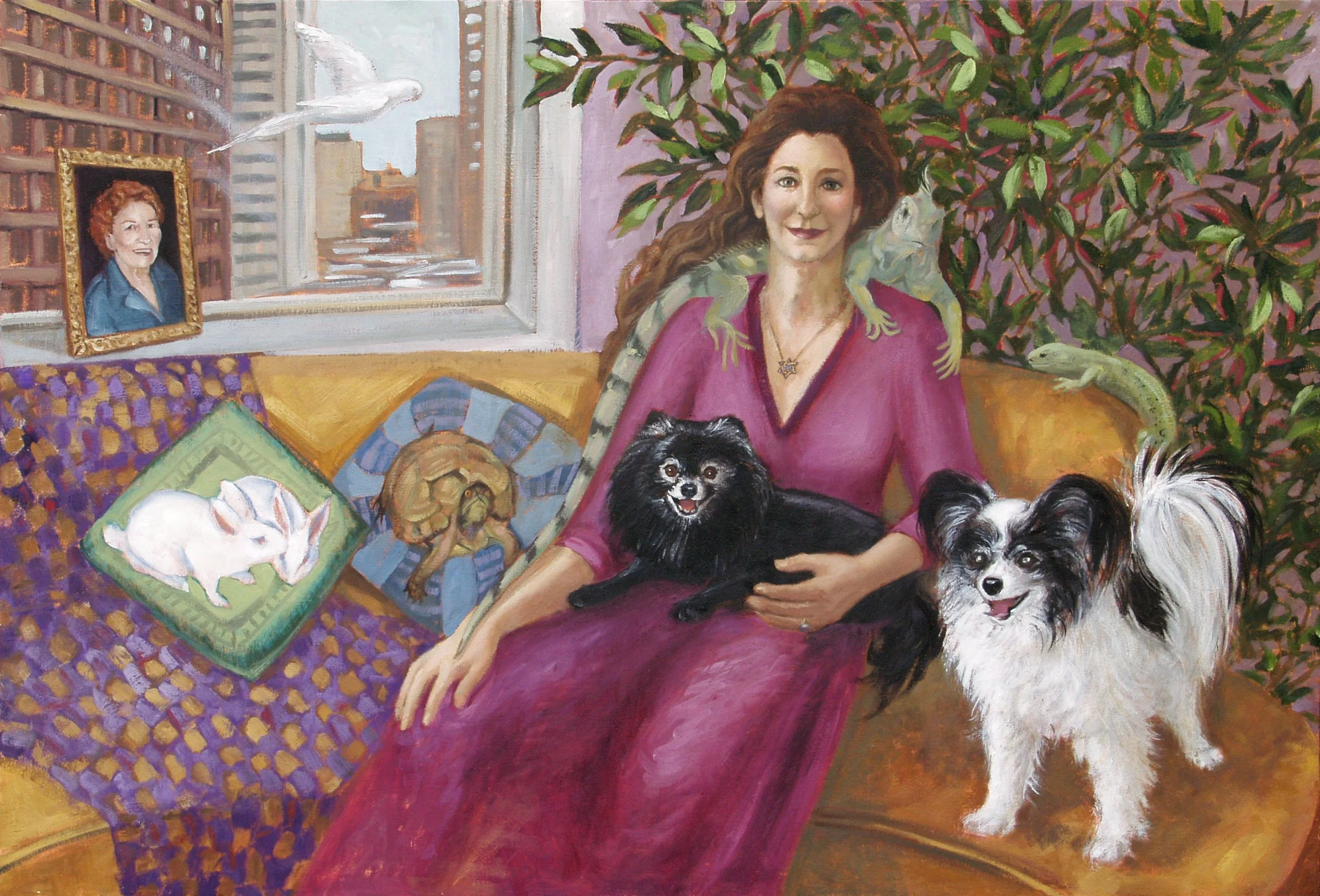 Hollywood Roz with Companions, 24"x36"x3", oil on hollow core, pg. 65 of Dog Book