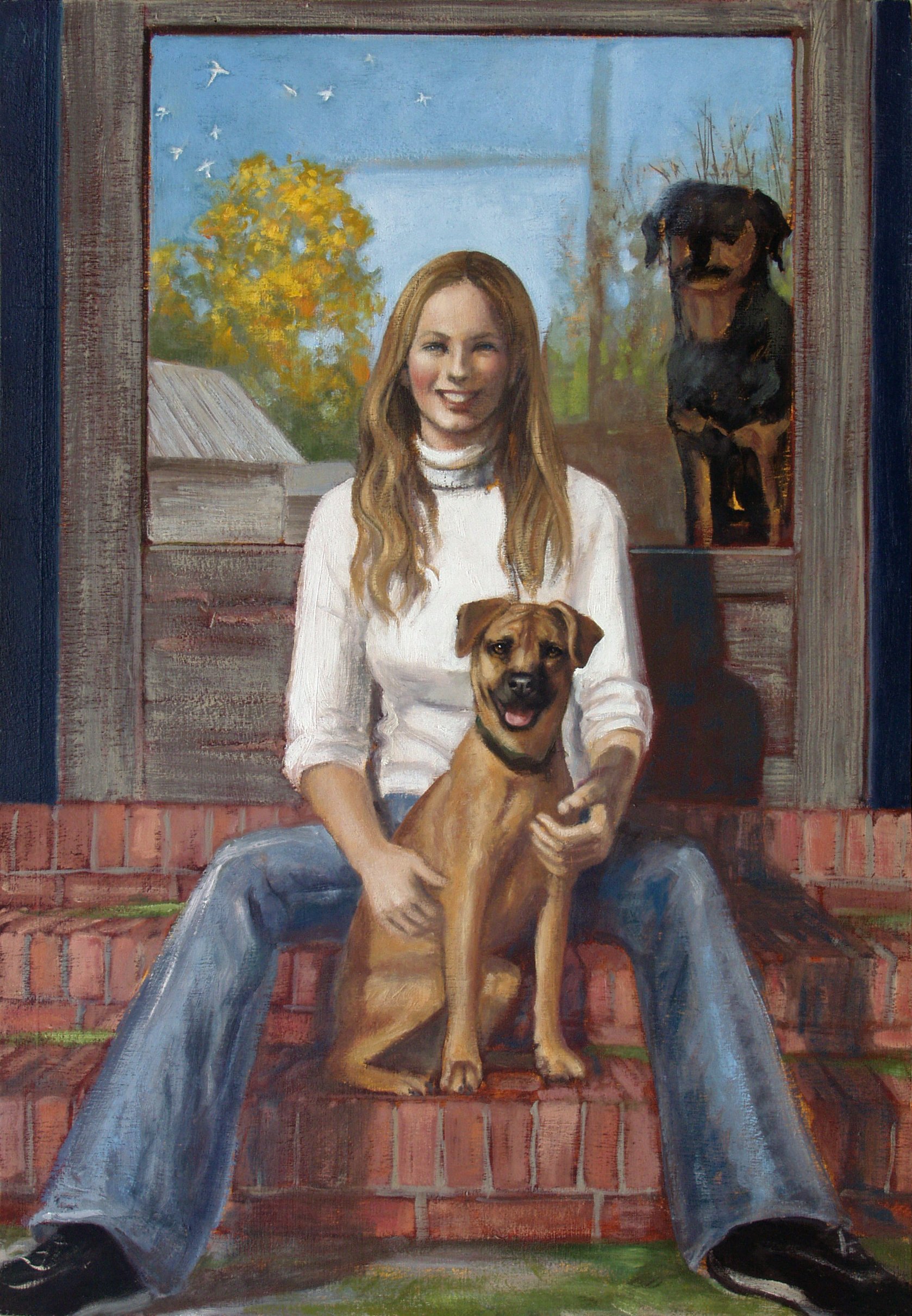 Katie and Taylor, 24"x16"x2", oil on board, pg. 43 of Dog Book