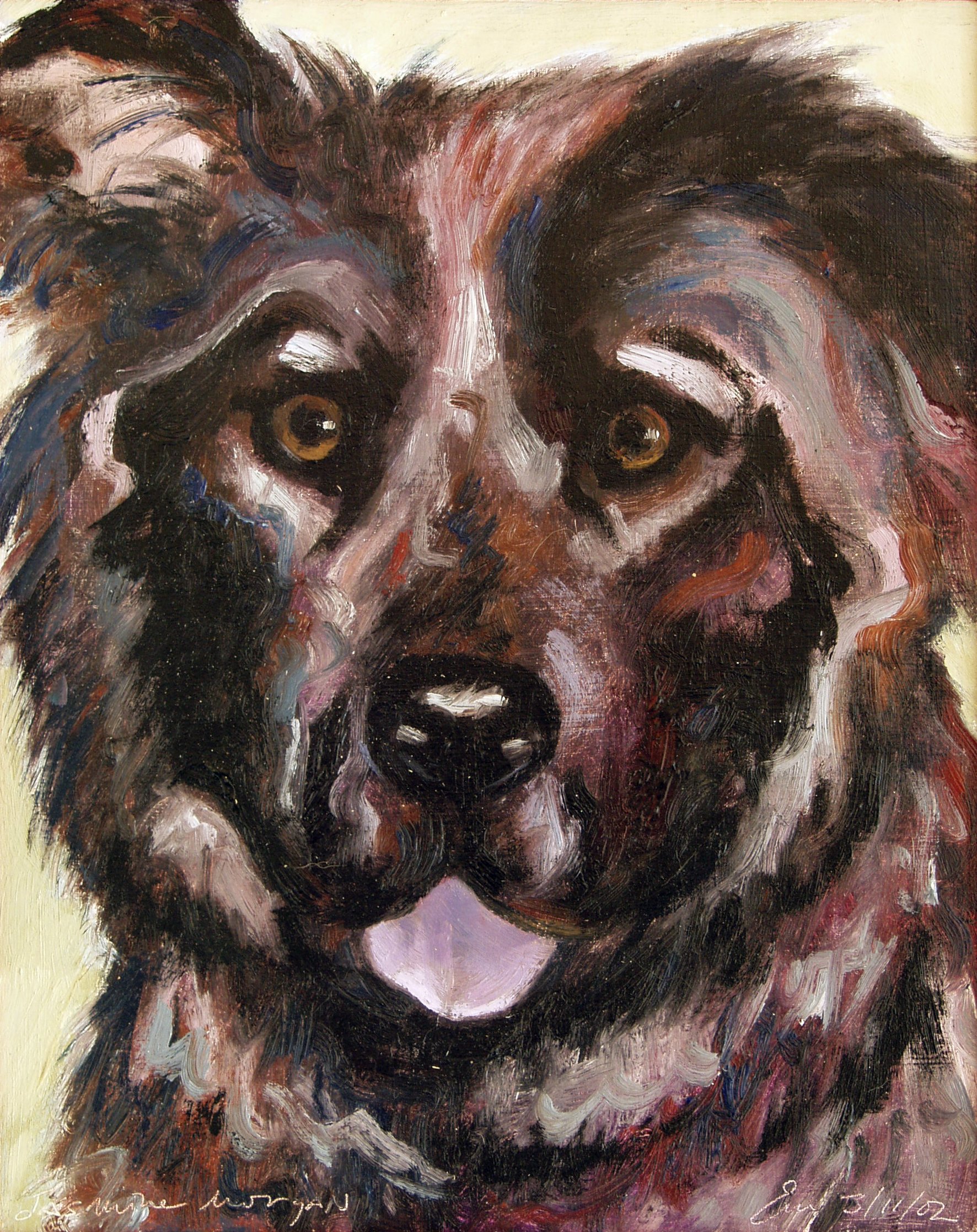 Jasmine, best coat & tongue, 9"x7"x1", oil on wood, pg. 41 of Dog Book