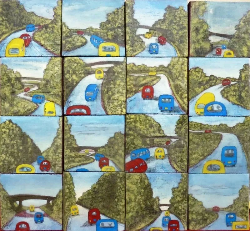 A collage of colorful train illustrations on a scenic outdoor background with green trees and blue sky, in various arrangements.