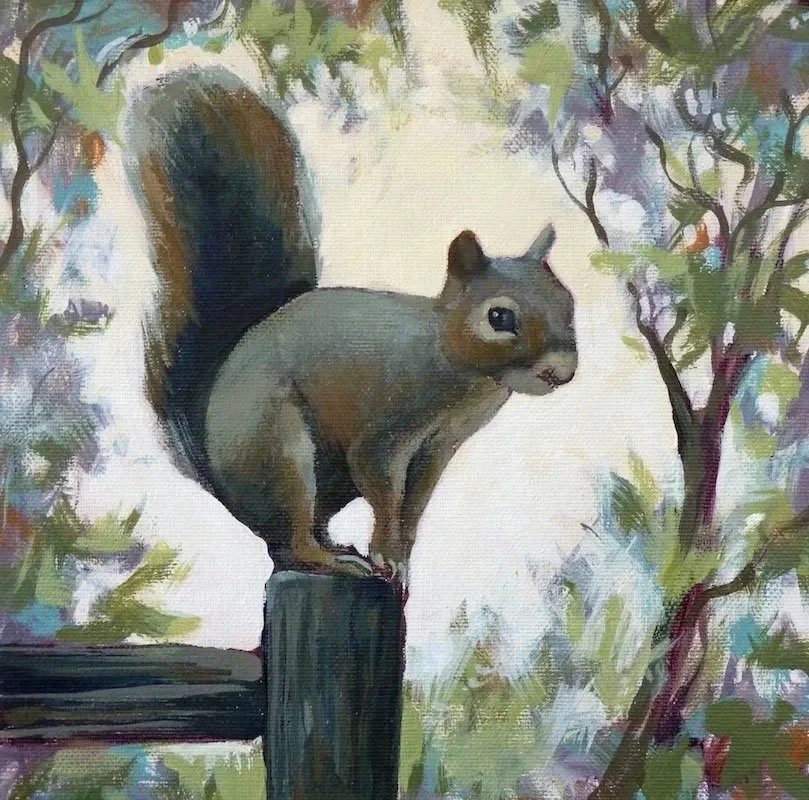 Painting of a squirrel perched on a fence post amidst trees and foliage.