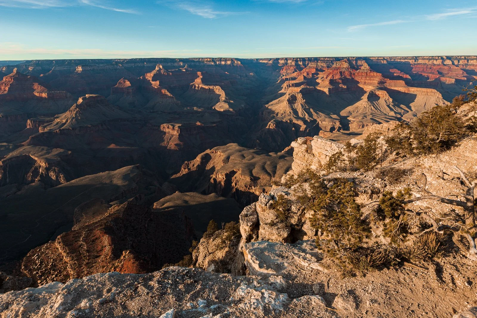 Vue du canyon du Grand Canyon au coucher du soleil avec des rochers, des arbres et des formations rocheuses colorées.