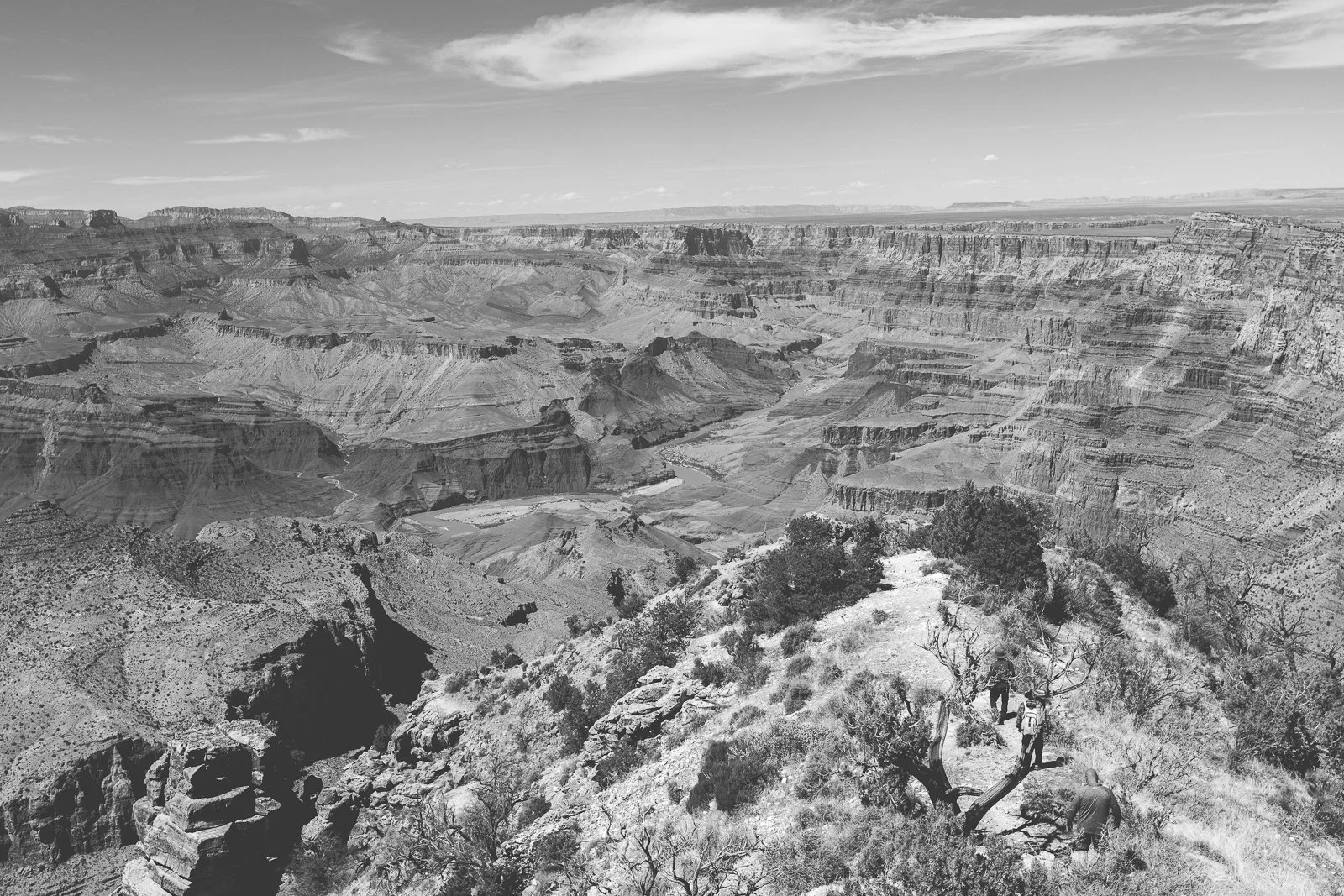 Vue du Grand Canyon avec plusieurs randonneurs marchant sur un sentier rocheux entouré de végétation
