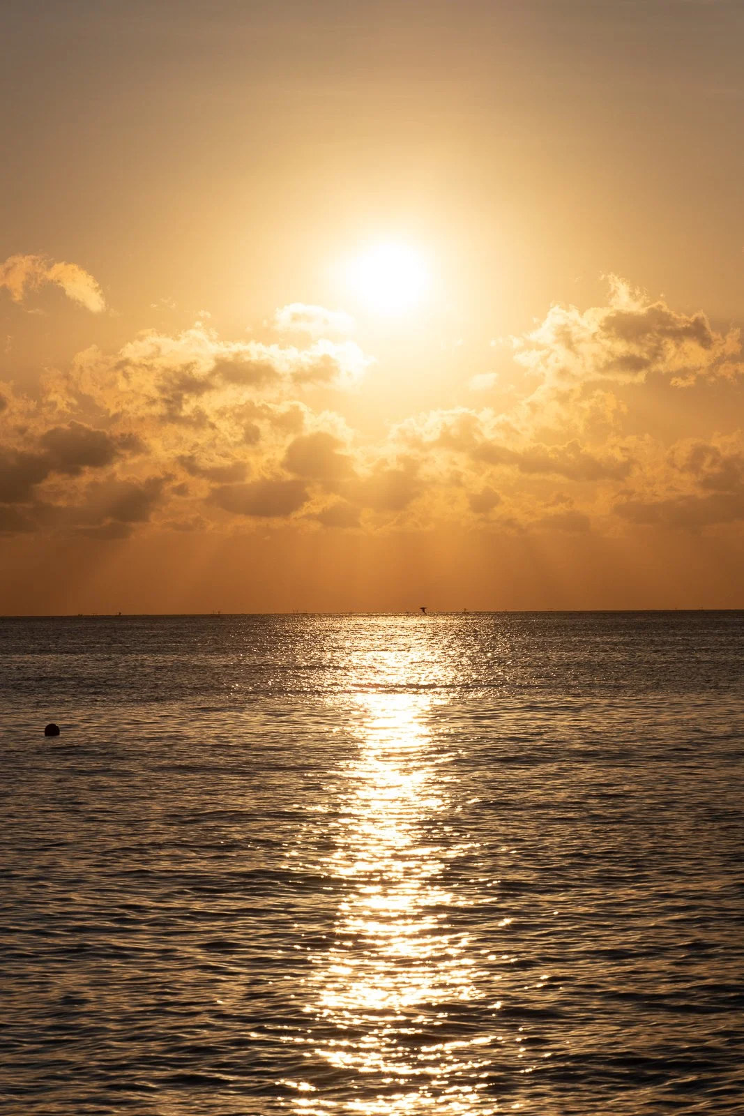 Coucher de soleil sur l'océan avec des nuages et la réflexion du soleil sur l'eau.