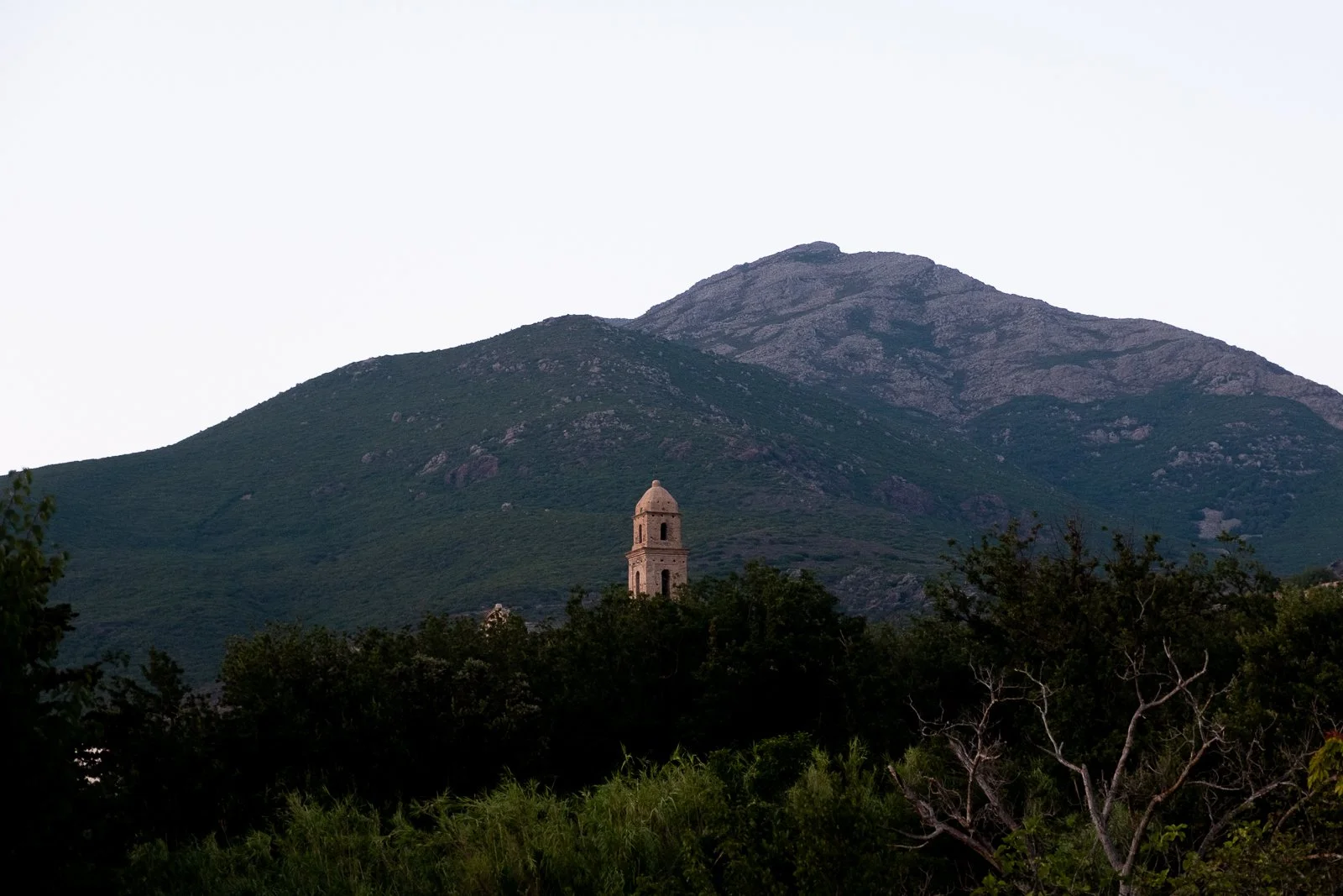 Vue d'ensemble d'une montagne avec un bâtiment en pierre d'une tour au centre, entouré d'arbres verts au premier plan, sous un ciel clair.