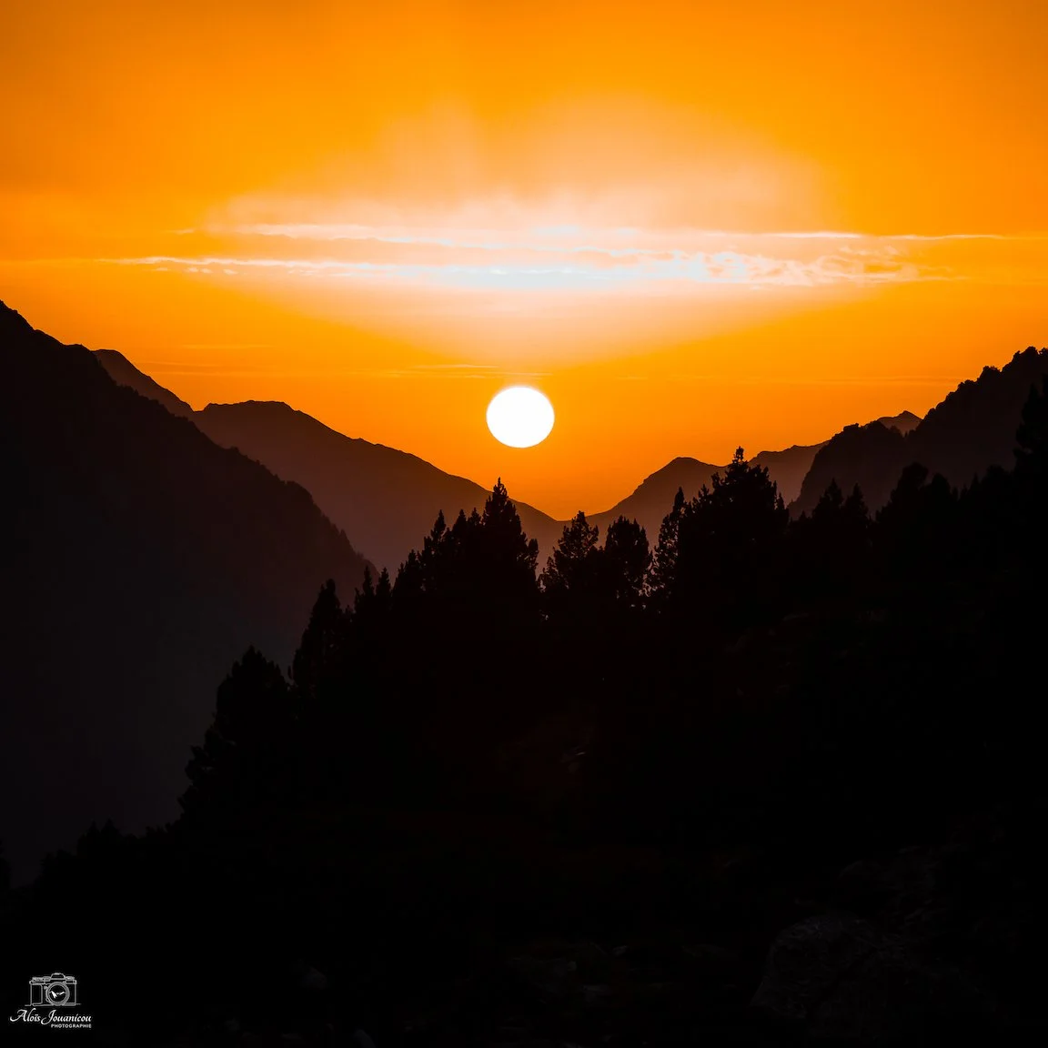 Coucher de soleil sur des montagnes avec un ciel orange et des silhouettes d'arbres en premier plan.