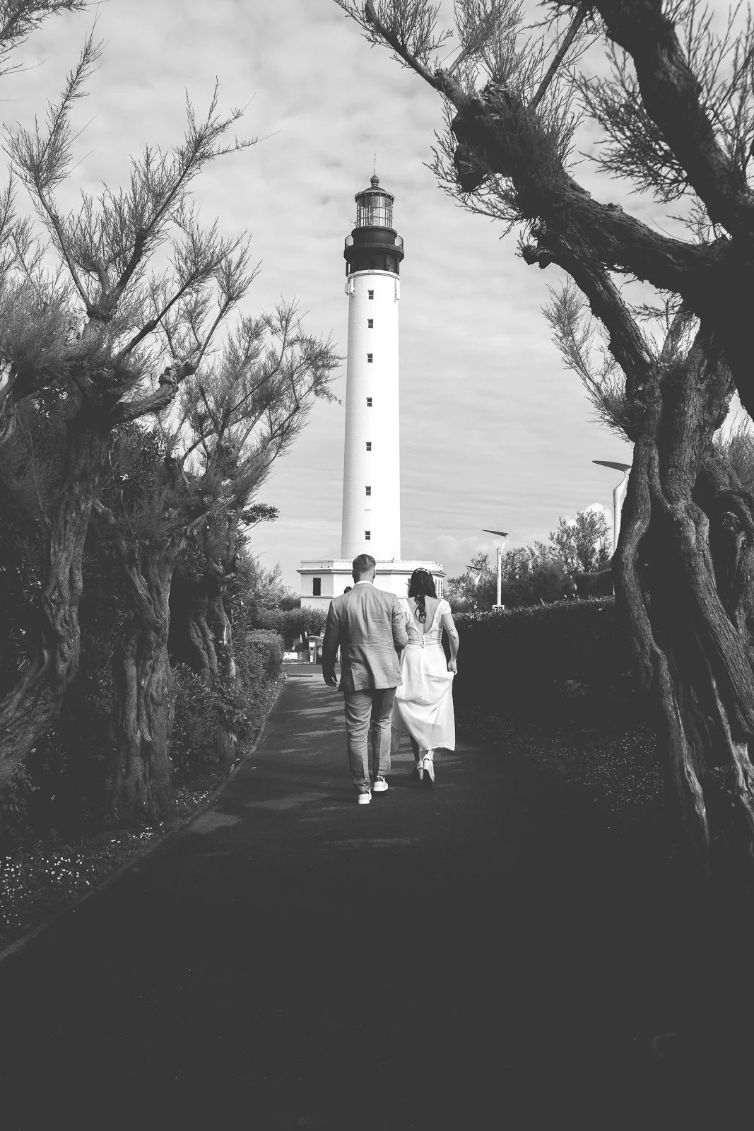 Un couple habillé en tenue de mariage marche dans une allée bordée d'arbres tordus, avec un phare en arrière-plan.
