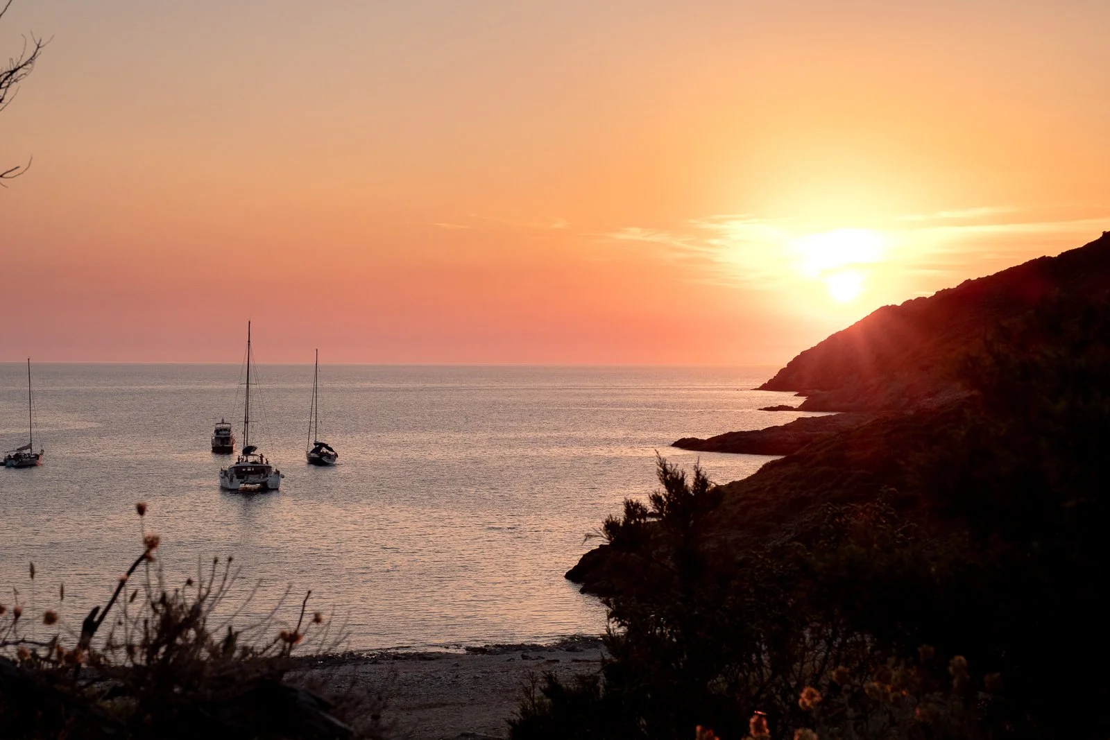 Coucher de soleil sur la mer avec des bateaux amarrés près d'une côte rocheuse et végétation au premier plan.