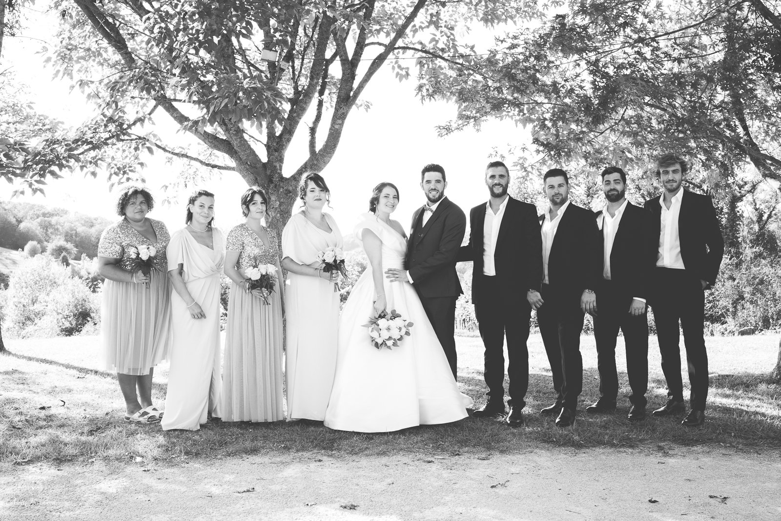 Photo de groupe lors d'un mariage, avec la mariée et le marié au centre, entourés de leurs témoins et demoiselles d'honneur dans un parc avec des arbres.